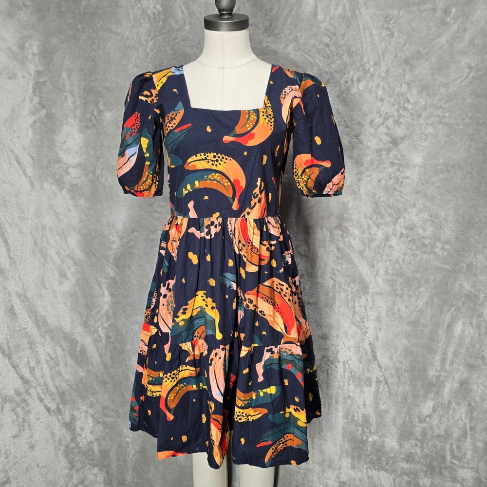 Maude Vivante Dress Women S Navy Banana Fruit Cotton Puff Sleeve Tiered Eclectic